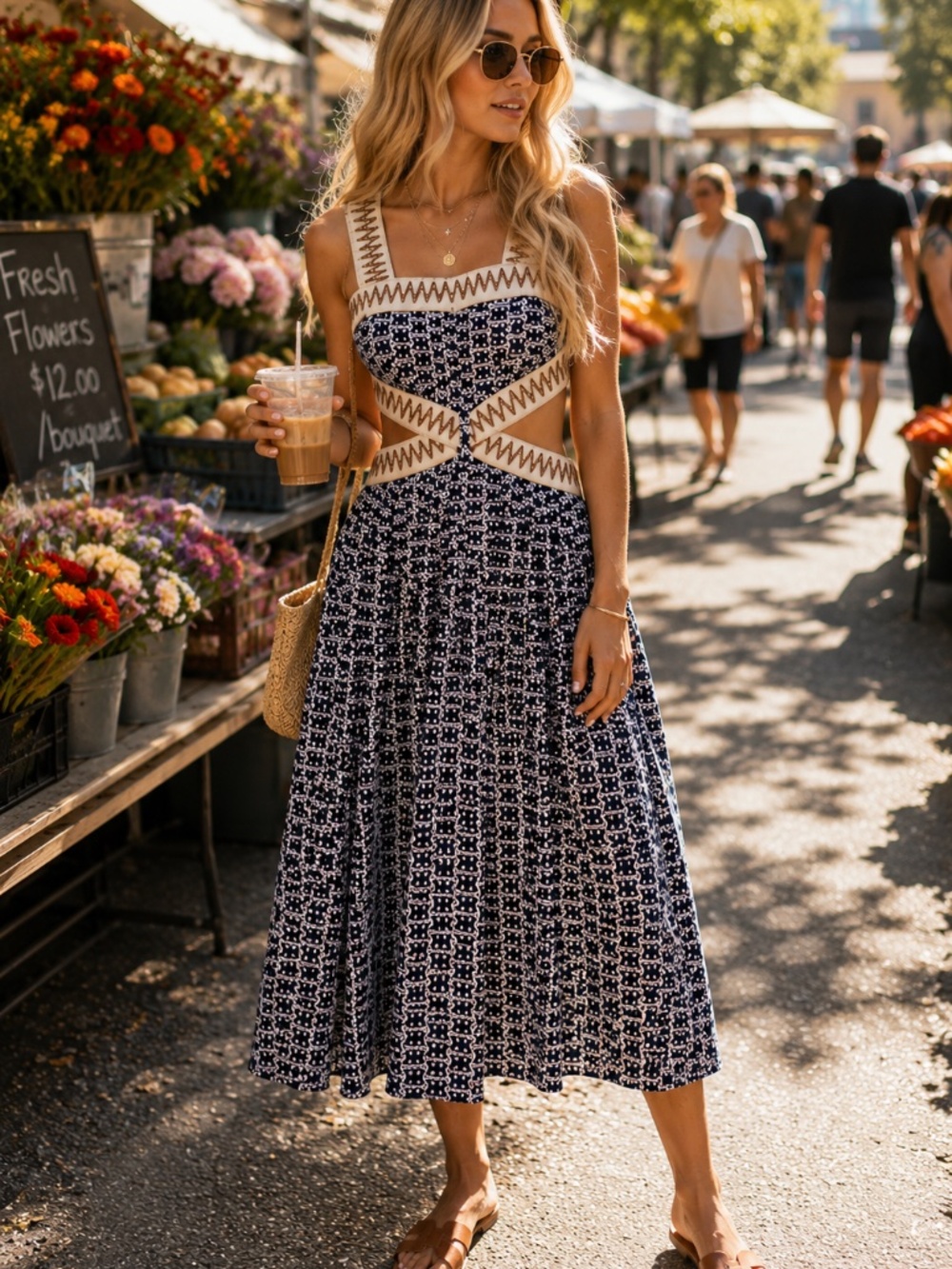 {SHEIN} Geometric Cutout Maxi Dress with Cream Trim - Picture 10 of 11